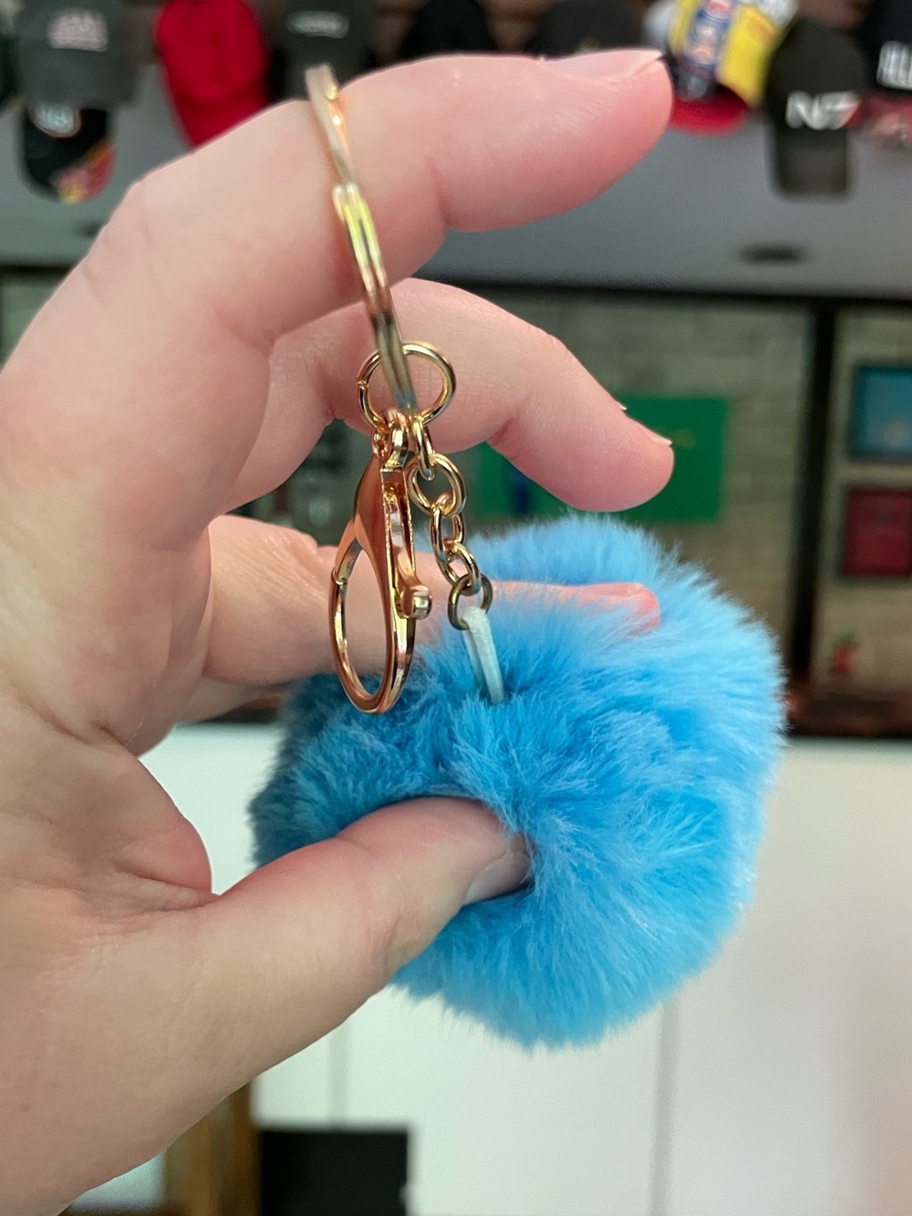 Faux Fur Pom-Pom Keychain Purse Bag Backpack Charm Keyring - Blue - Picture 3 of 4